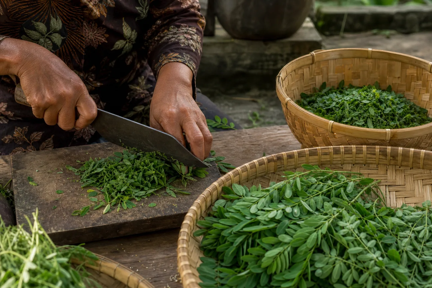 Tangan menyiapkan daun Indigofera dengan alat sederhana dan keranjang anyaman