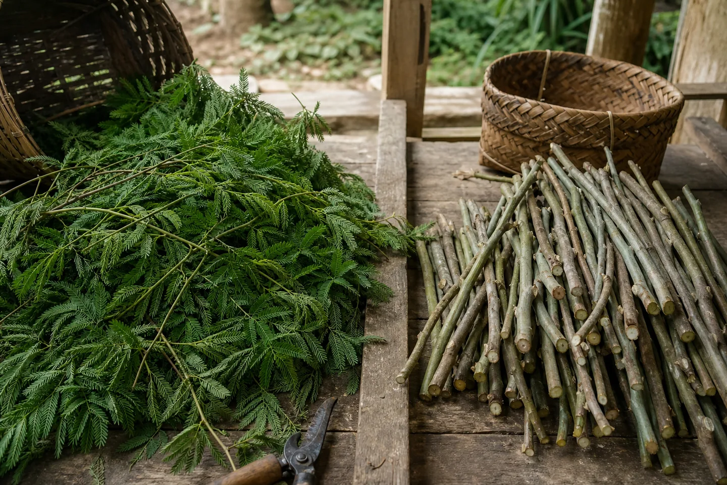 Calliandra leaves and pruned stems separated for potential practical uses
