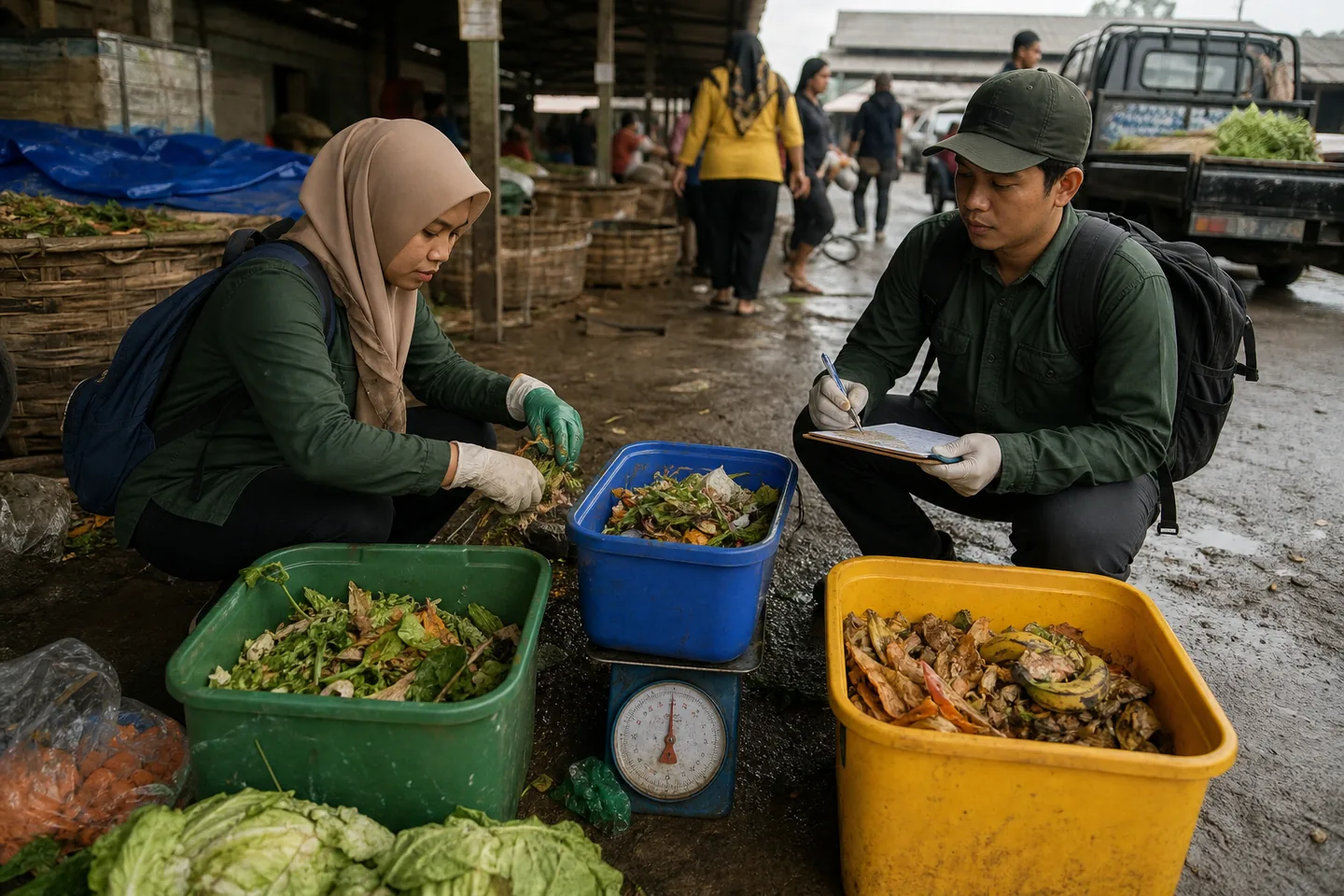 Two field workers weighing and sorting organic waste during a traditional market assessment