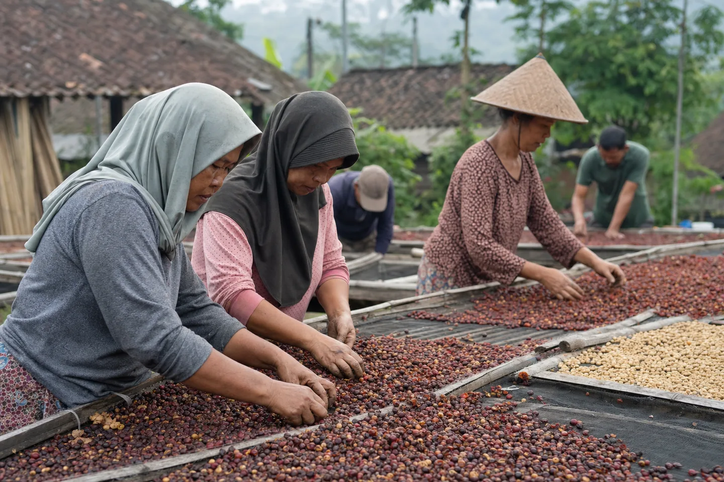 Coffee workers sorting coffee fruit skins on drying racks in a Magelang village